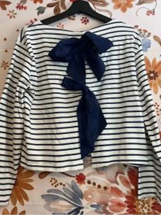 J. Crew White and Navy Striped Bow-Back Top - Picture 2 of 4